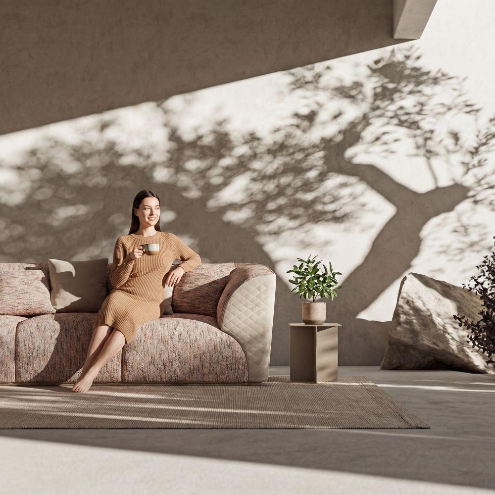 Loda Furniture Delta 3 Seater Sofa in neutral fabric with plush cushions and wooden legs, stylish living room seating.