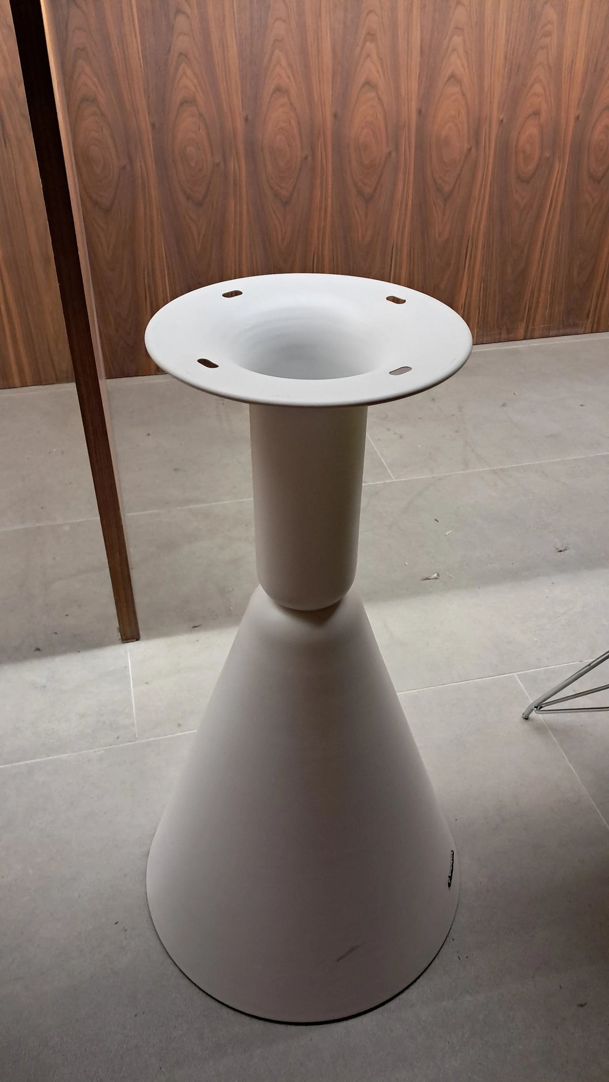 White Beacon dining table base, 72cm height, model 40BTB-White, displayed on a showroom stand, designed for supporting a dining tabletop.