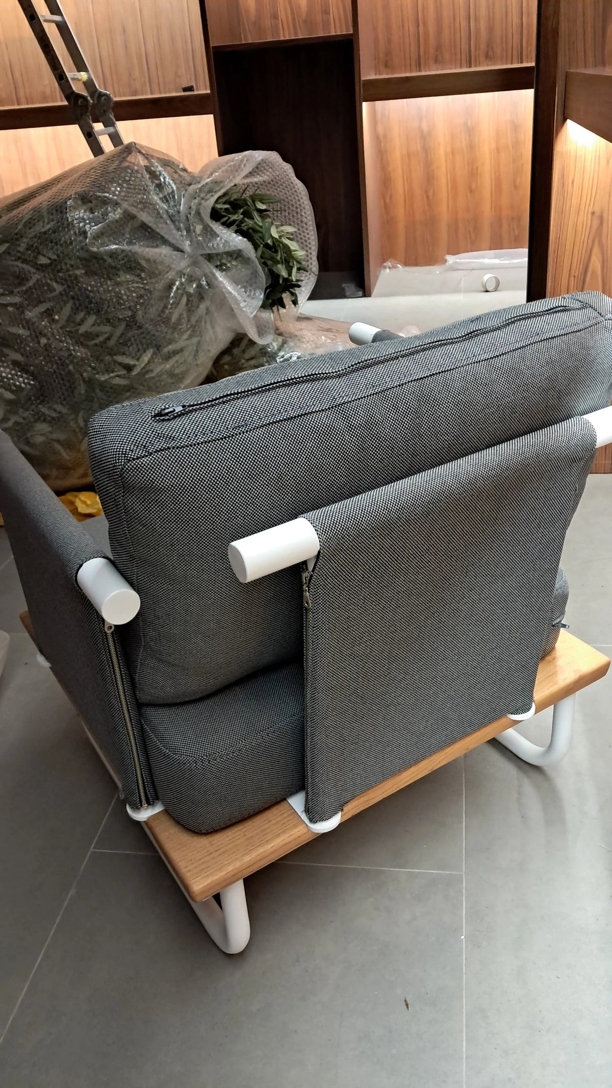 Display of SANCREA Efsane outdoor armchair in beige fabric, showcasing a stylish and comfortable outdoor seating option.