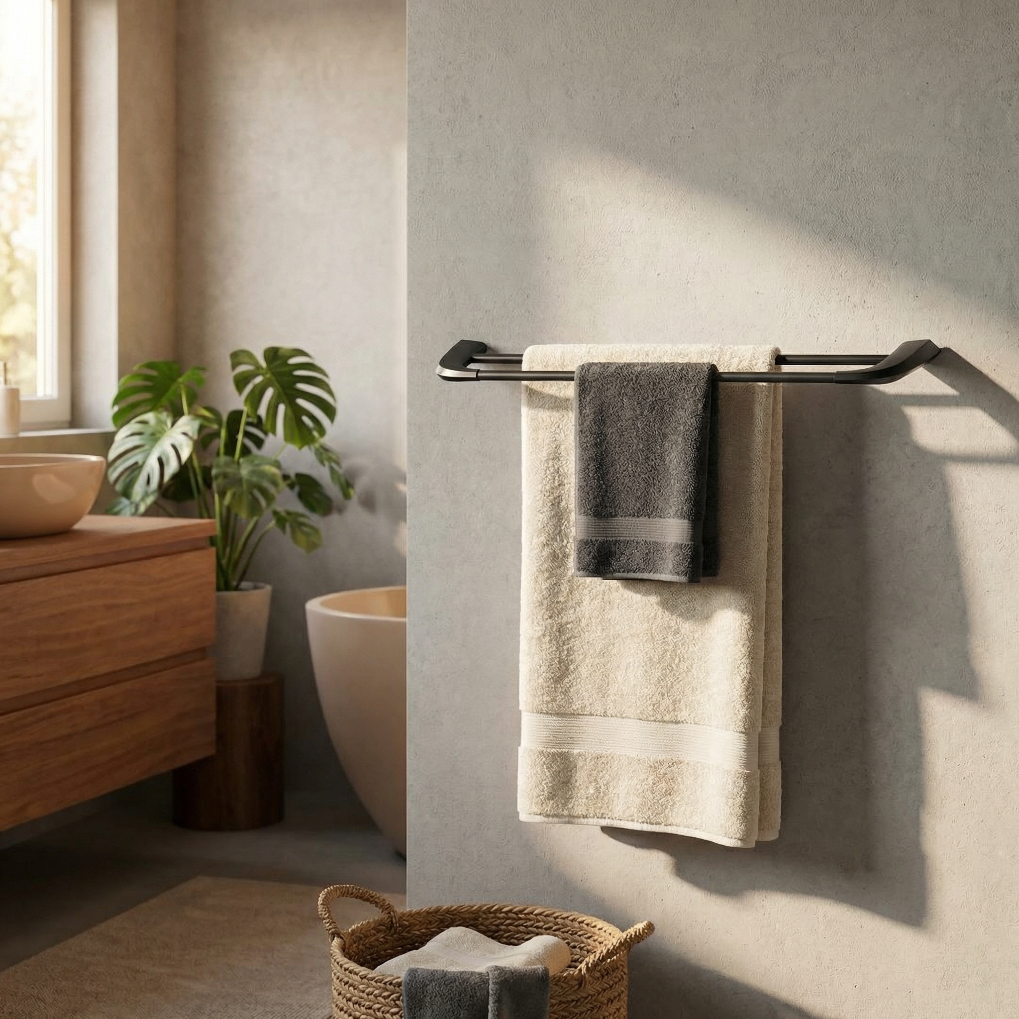 Double towel bar in gun metal finish with two hooks, designed for bathroom or kitchen for hanging towels and accessories.