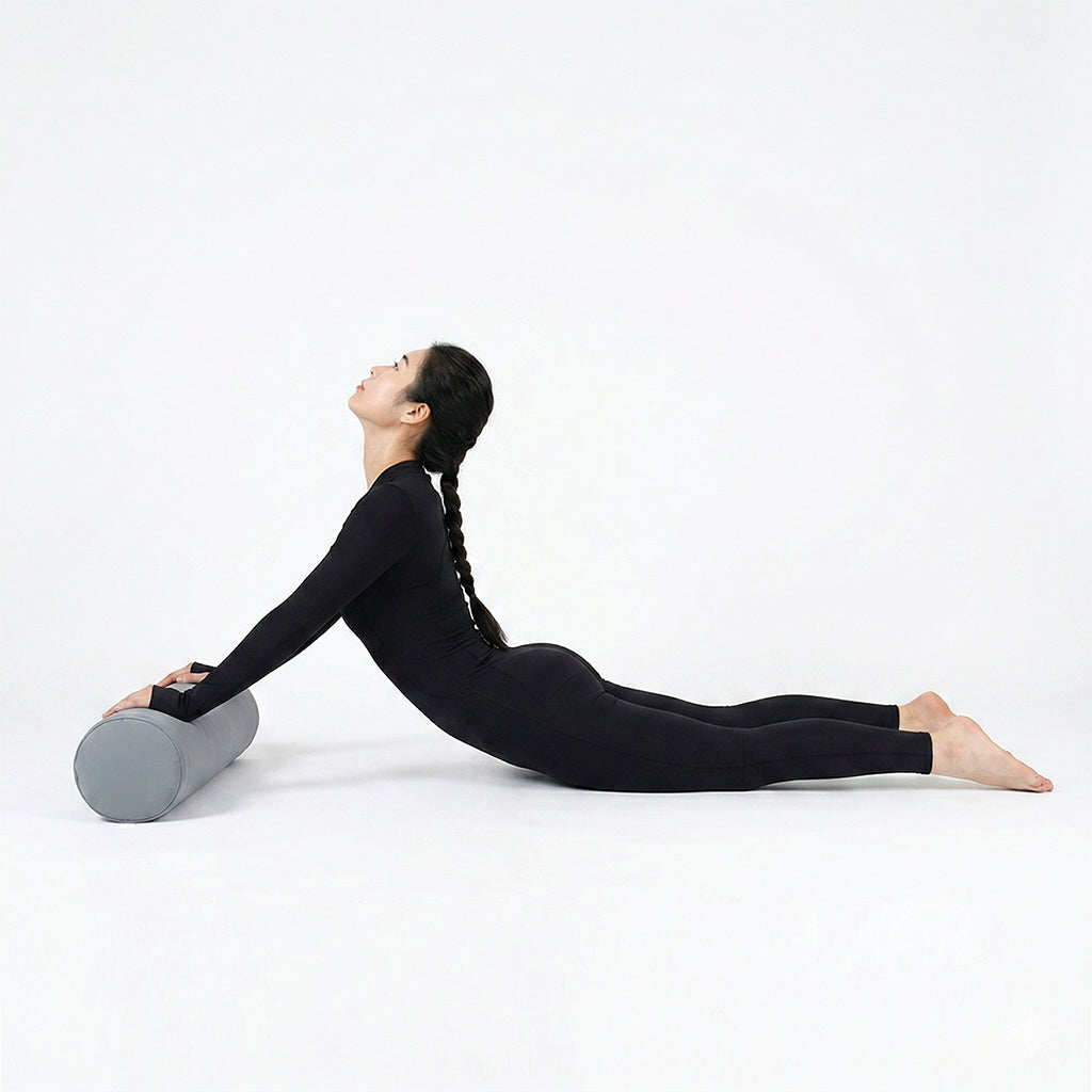Beige Epp foam leather foam roller by BEACON for gym exercises, cylindrical shape with textured surface for muscle relaxation.
