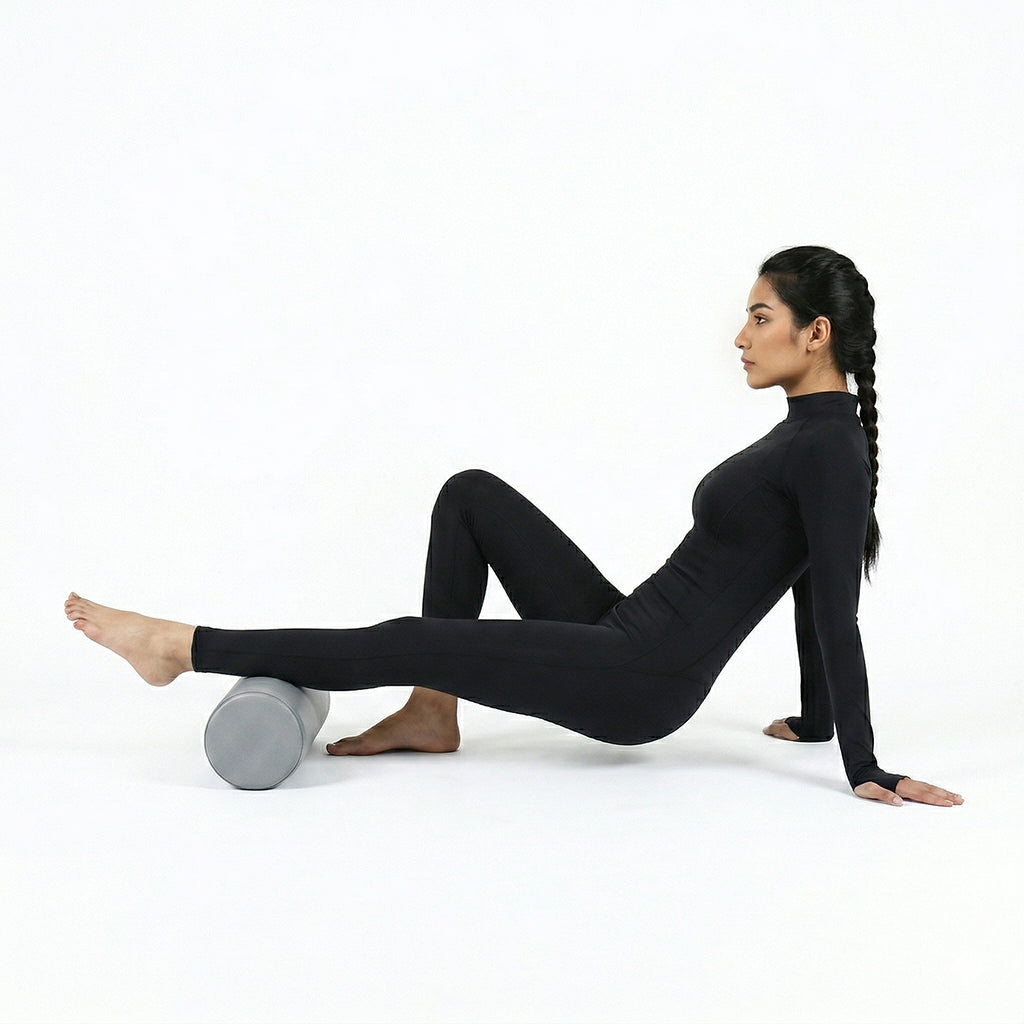 BEACON Epp Foam Leather Foam Roller for gym workouts, cylindrical exercise equipment with soft foam and leather surface.