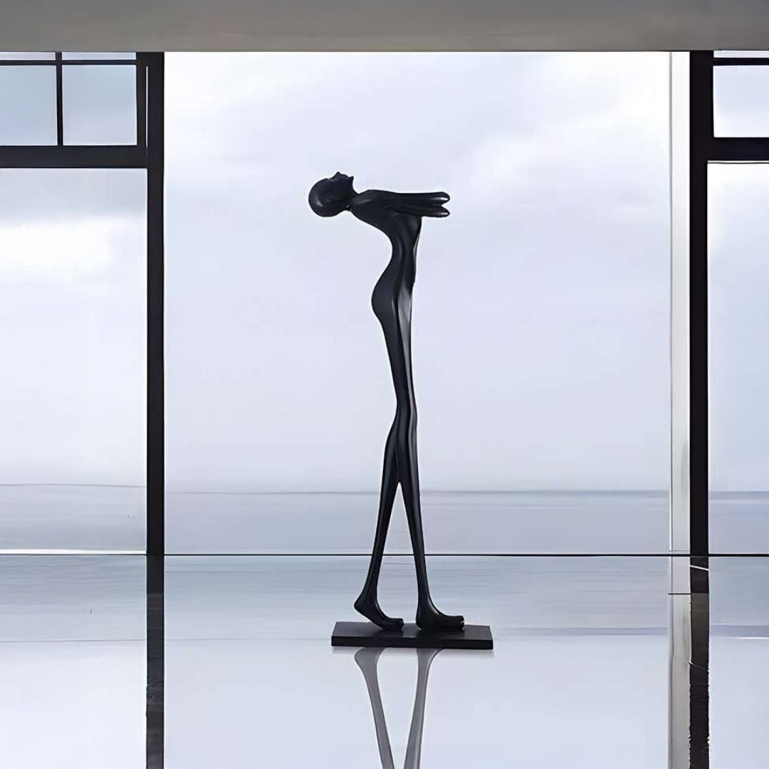 Modern fiberglass sculpture by BEACON, 180cm tall, sleek contemporary artwork with smooth, abstract design in neutral tones.