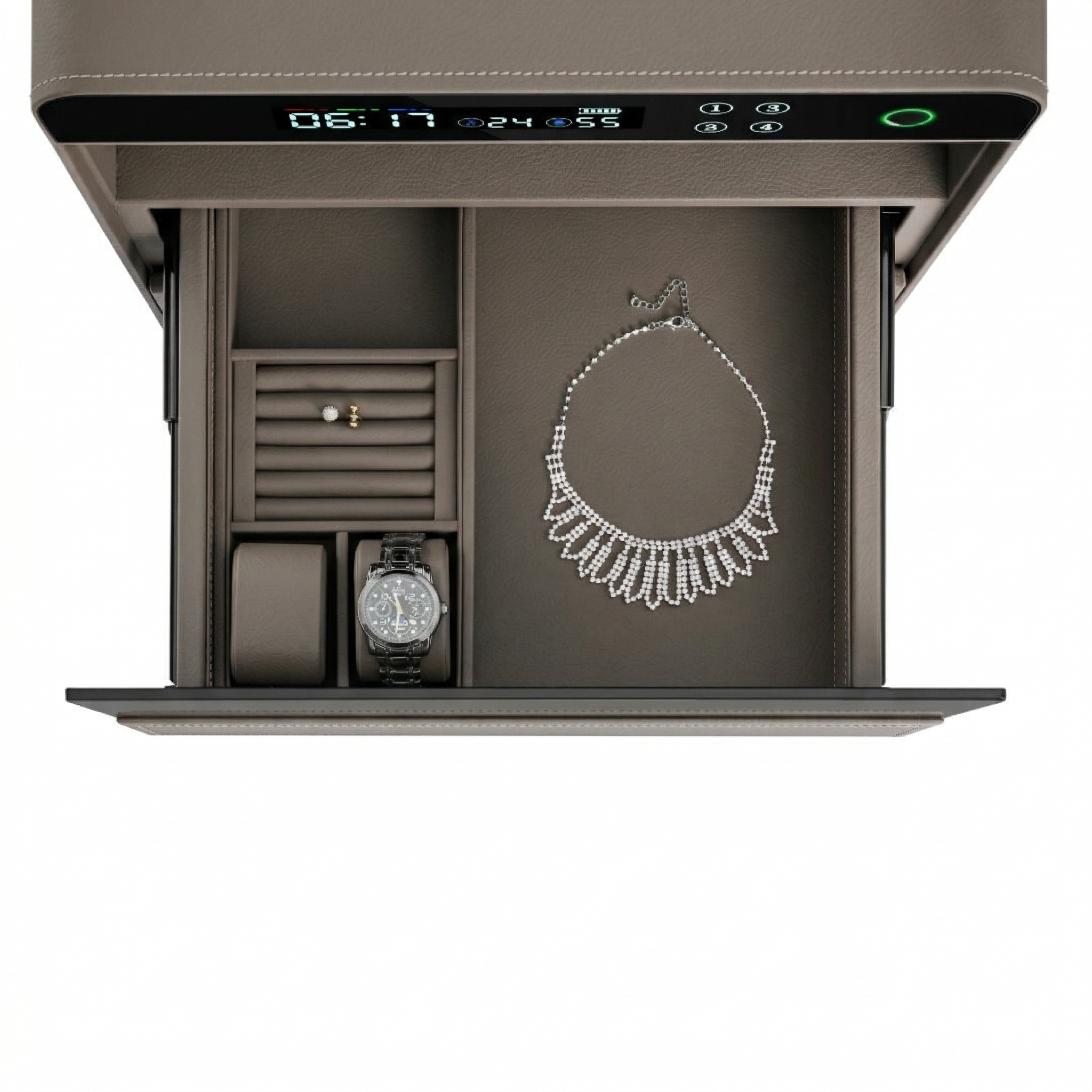 Fingerprint safe box with built-in watch winder for three watches, secure storage by BEACON with biometric access.