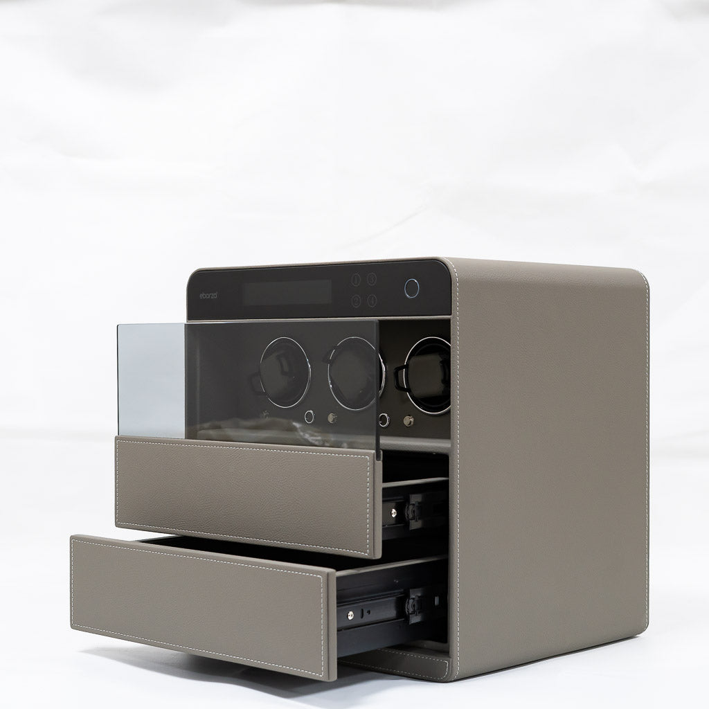Fingerprint safe box with built-in watch winder for three watches, secure storage by BEACON, model CH9-ST053-T3-400.