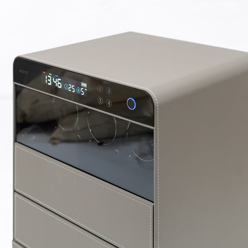 Fingerprint safe box with built-in watch winder for three watches, secure storage by BEACON with biometric access and elegant design.