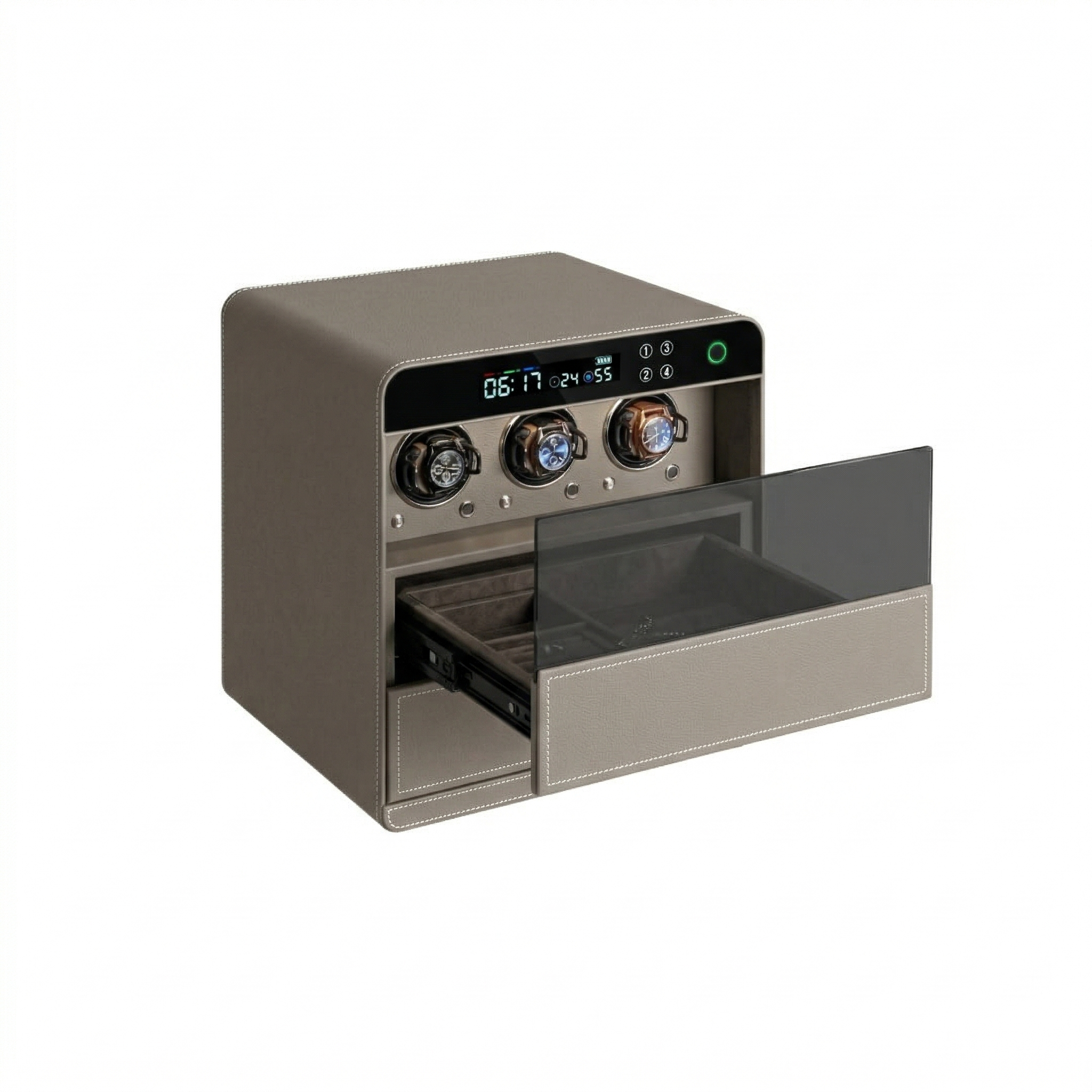 Fingerprint safe box with watch winder holding three watches, secure storage by BEACON, model CH9-ST053-T3-400