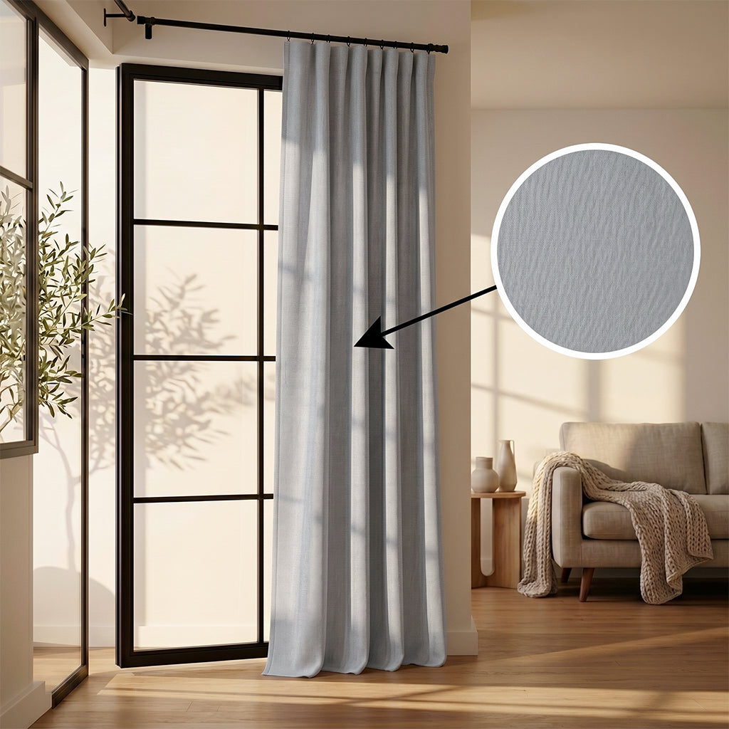 Beige flax polyester curtain fabric with a subtle woven texture, suitable for curtains and drapes, by BEACON.
