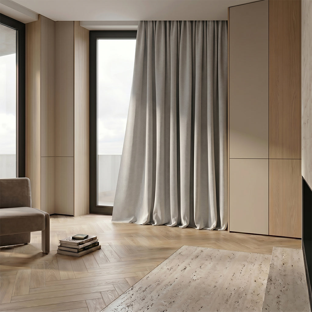 Light beige flax polyester curtain fabric with subtle texture, suitable for curtains and drapes from BEACON brand.
