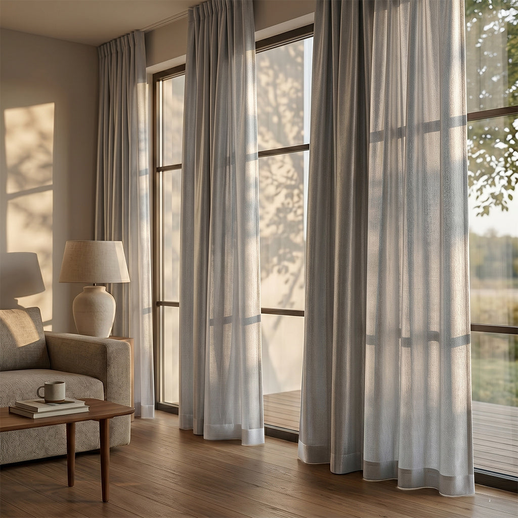 Beige flax polyester curtain fabric with a textured weave, ideal for curtains and drapes, shown in close-up detail.