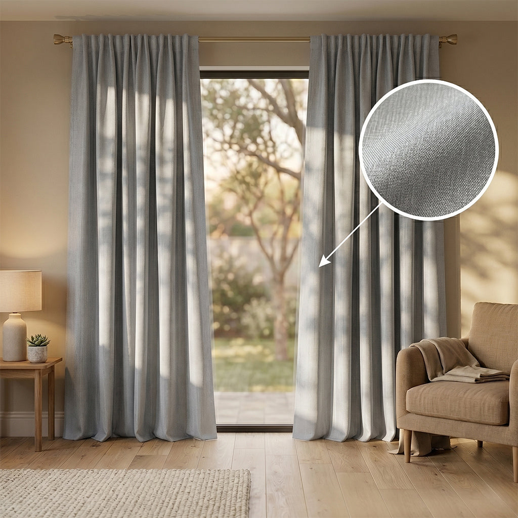 Beige flax polyester curtain fabric with subtle woven texture, ideal for curtains and drapes from BEACON.