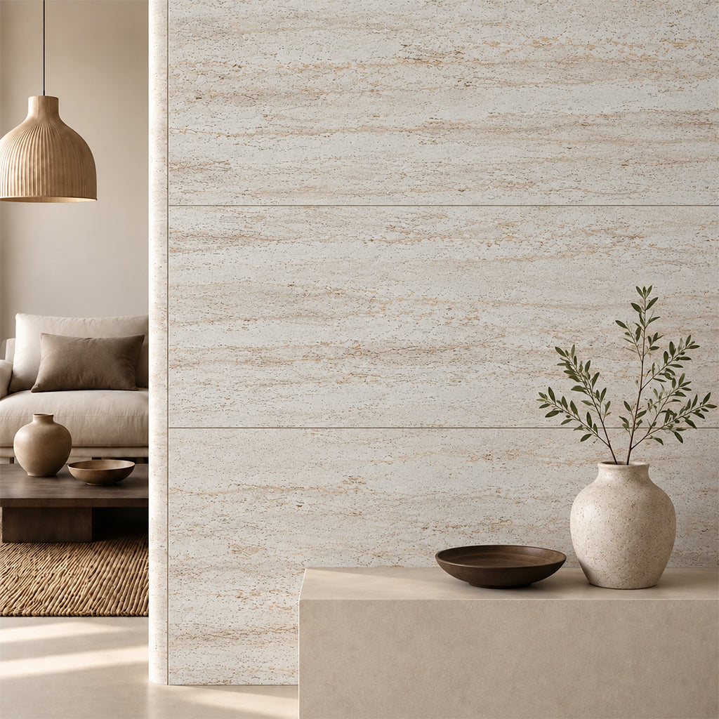 Sample of Flex Stone Cladding Ocean Travertine Roma Gold 3D coating 240x120cm - Sample