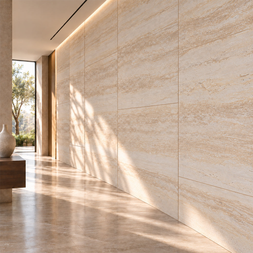 عينة من واجهات الحجر المرن Travertine Beige Yellow بتغطية 3D مقاس 280x120 سم - عينة