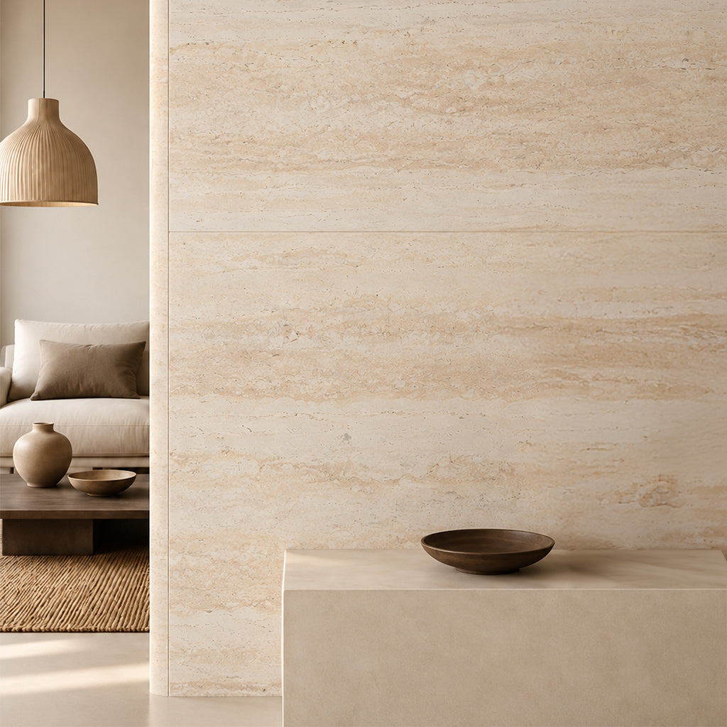 عينة من واجهات الحجر المرن Travertine Beige Yellow بتغطية 3D مقاس 280x120 سم - عينة