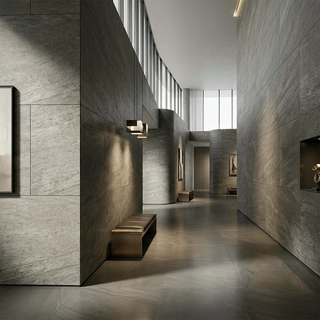 Sample of Golden Ghoose flexible stone veneer wall panel from ebarza, showcasing the textured gold-toned stone cladding.