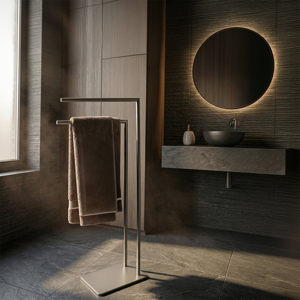 Gunmetal L-Vertex floor towel rack with multiple hooks, designed for bathroom use, by BEACON SNS-1105.