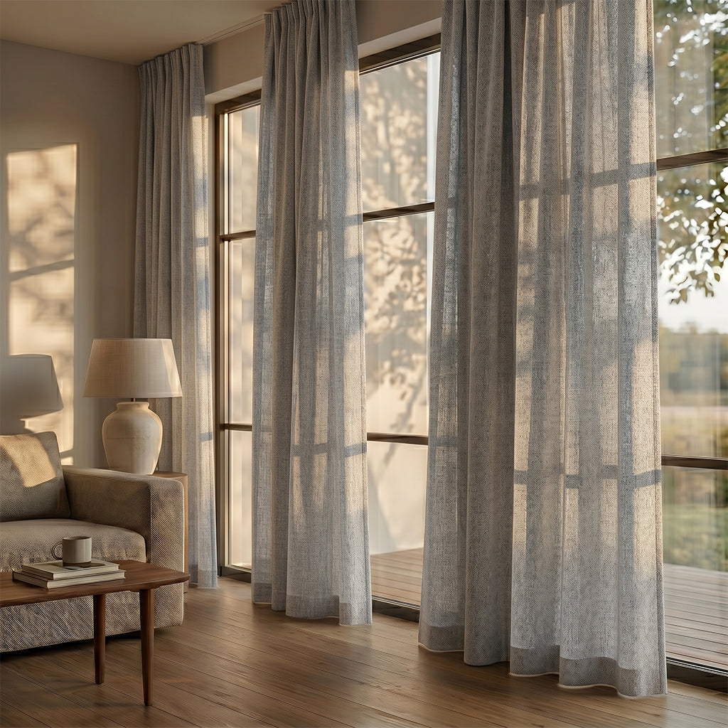 Forma Curtain polyester fabric by BEACON, shown in a stylish drape, ideal for curtains and home decor.