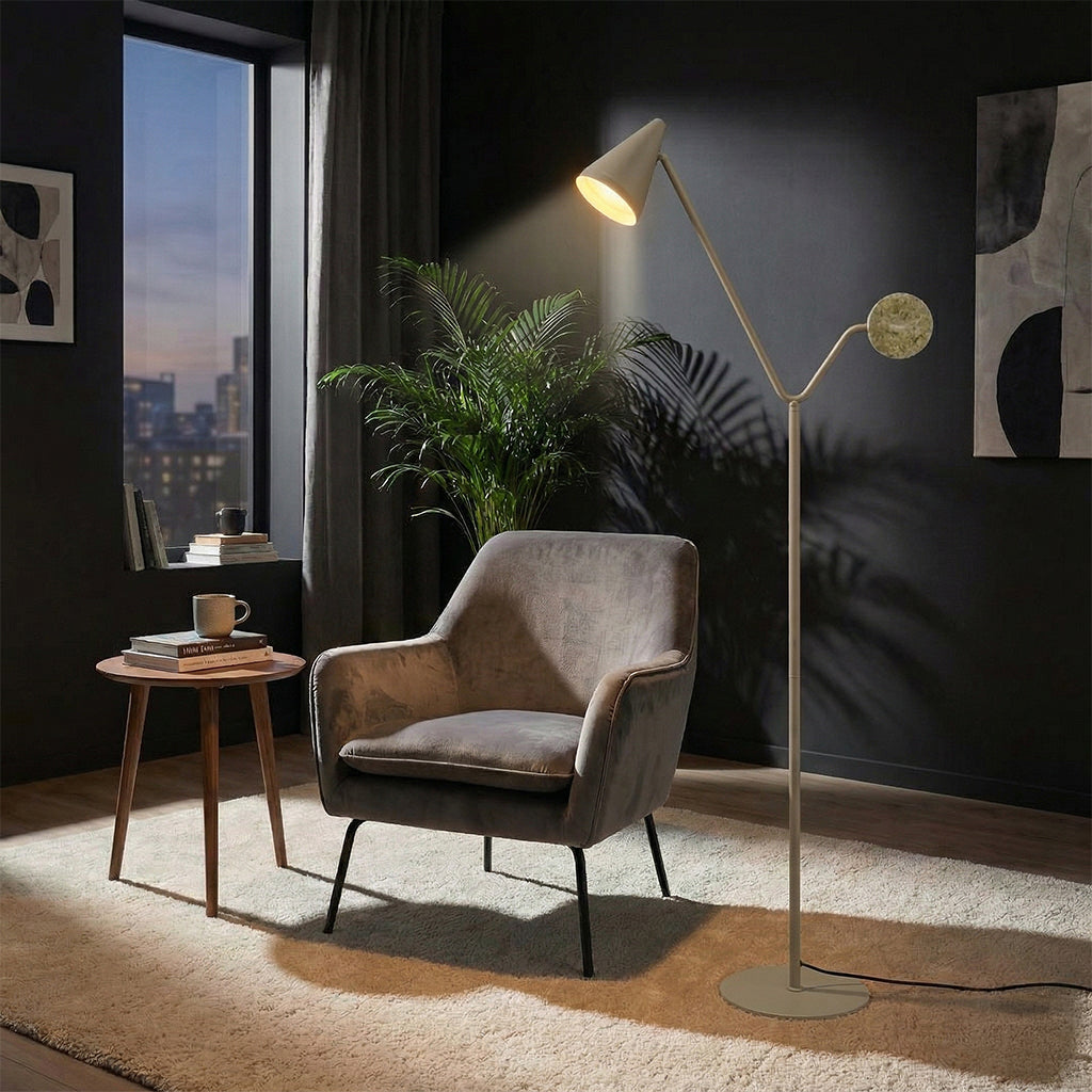 BEACON Magma Floor Lamp with sleek modern design, featuring a cylindrical base and adjustable arm for versatile lighting.