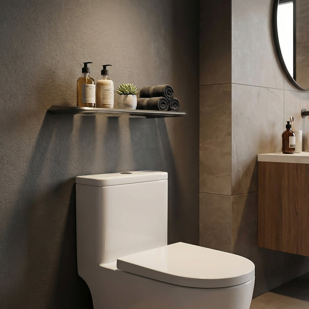 BEACON Velo Float Glass Shelf with gunmetal finish, featuring towel hangers hooks and sleek glass design.