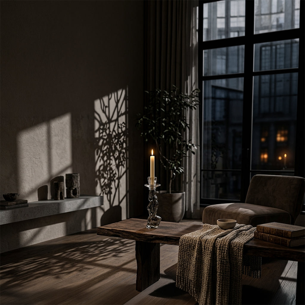 Gray shadow handmade glass candle holder by BEACON, with a smooth, rounded design perfect for decorative candles.