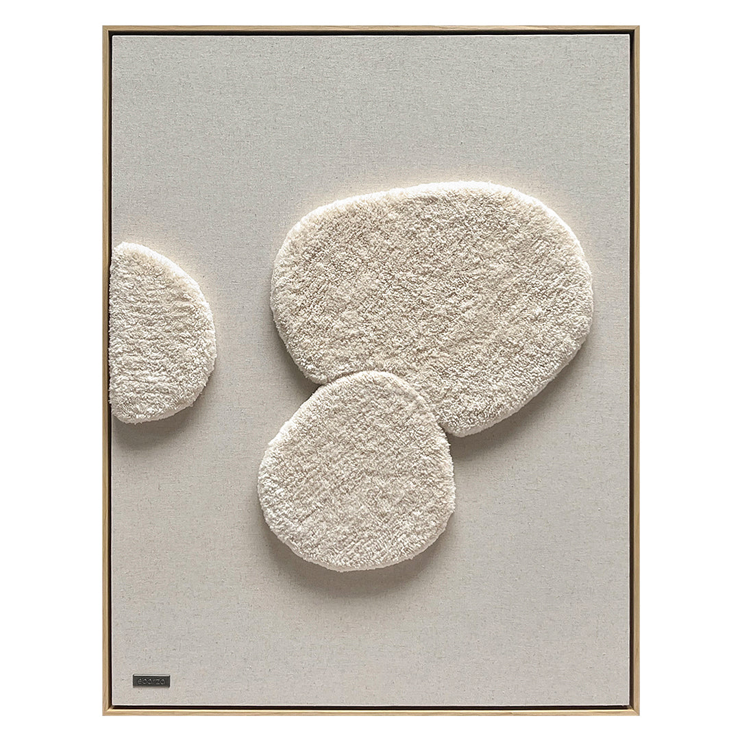 Set of three handmade fiber textile wall art paintings, 70x90cm, by BEACON, featuring intricate textile designs.