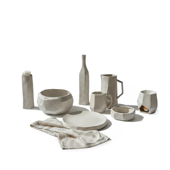 Hessian Off-White Signature 13-piece dinnerware set for two by MINGXIANG CERAMICS, includes plates, bowls, and mugs.