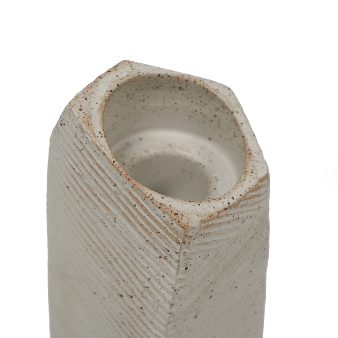 Small off-white Hessian chizzled candle and tealight holder by MINGXIANG CERAMICS, with textured surface and modern design.