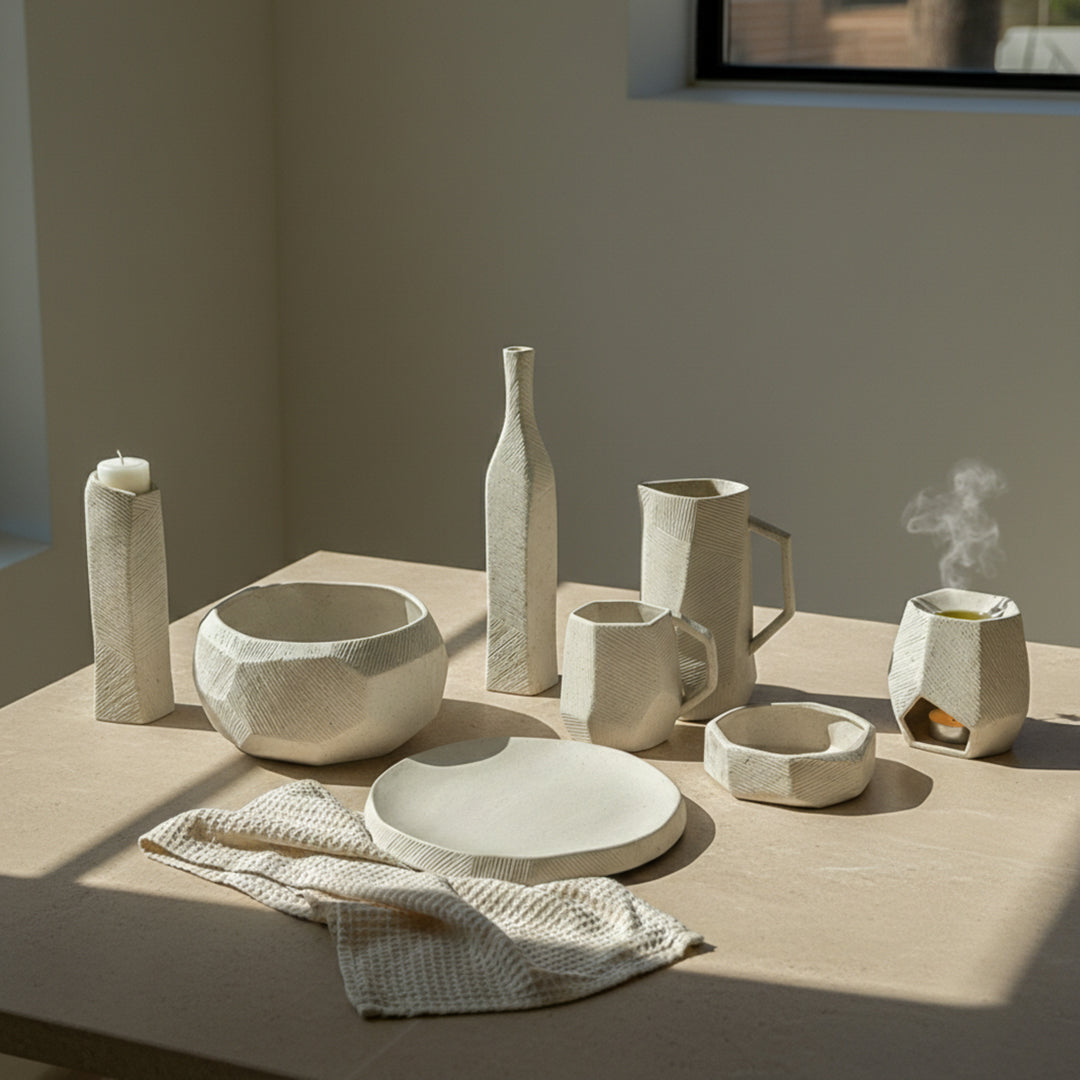 Small off-white Hessian chiseled candle and tealight holder by MINGXIANG CERAMICS, with textured surface and modern design.