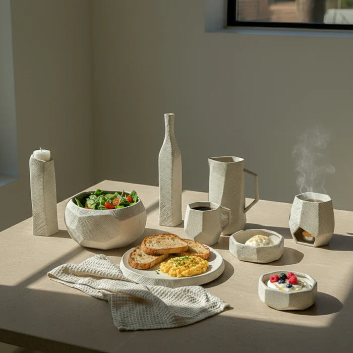Hessian Off-White Signature 13-piece dining set for two by MINGXIANG CERAMICS, includes plates, bowls, and mugs arranged elegantly.