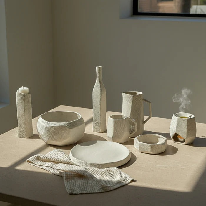Off-white Hessian dinnerware set for two by MINGXIANG CERAMICS, featuring 13-piece Signature 13 piece dining set for two.