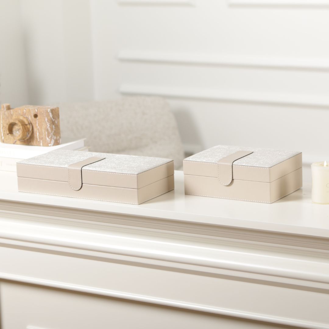Hinged leather jewelry box by BEACON, decorative box with a smooth leather finish and hinged lid for elegant storage.