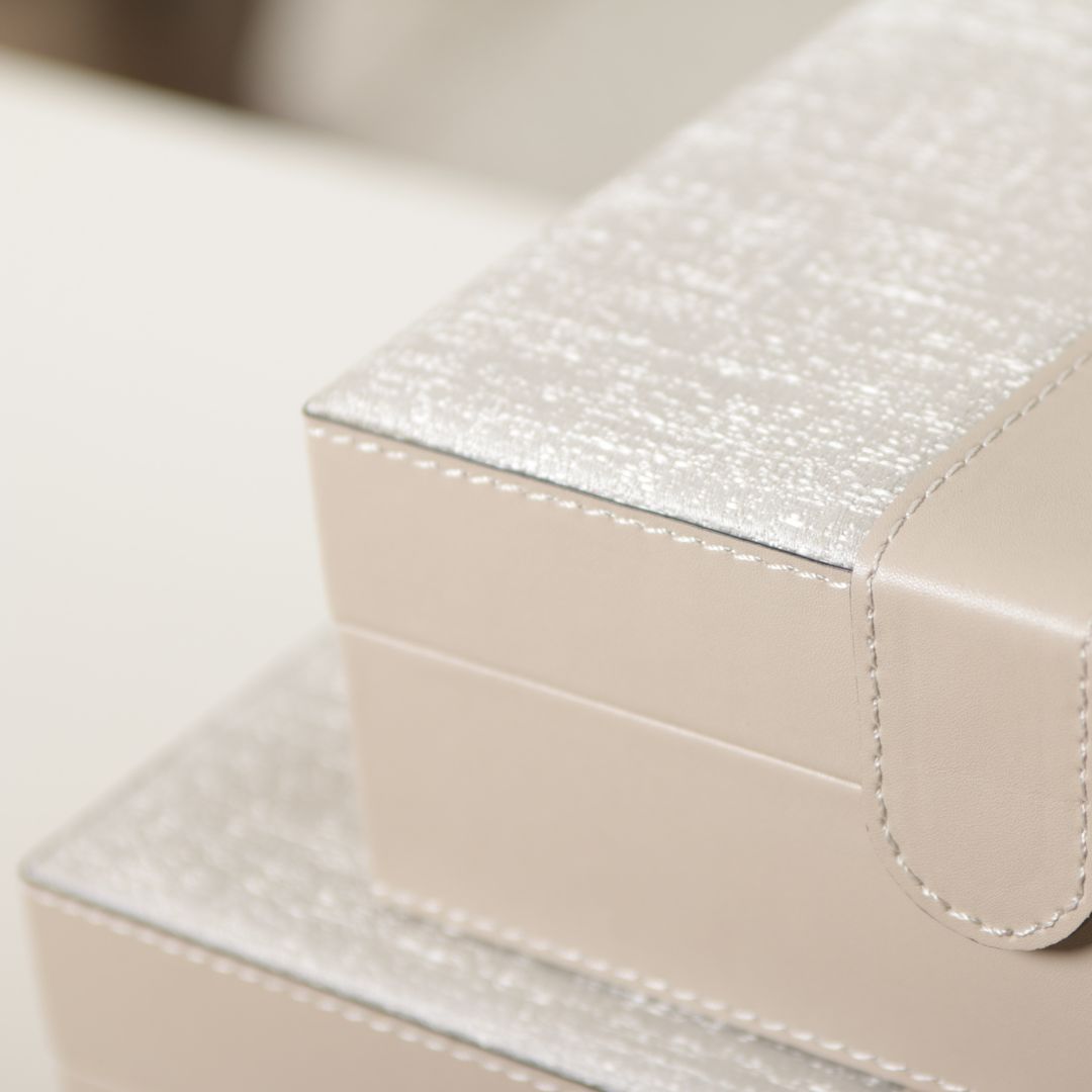 Hinged leather jewelry box by BEACON, decorative storage with a smooth leather finish and elegant design.