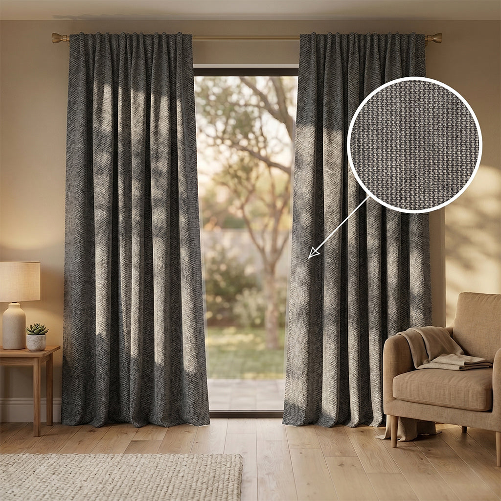 Close-up of BEACON Hush polyester curtain fabric with a soft, textured appearance in a neutral tone.