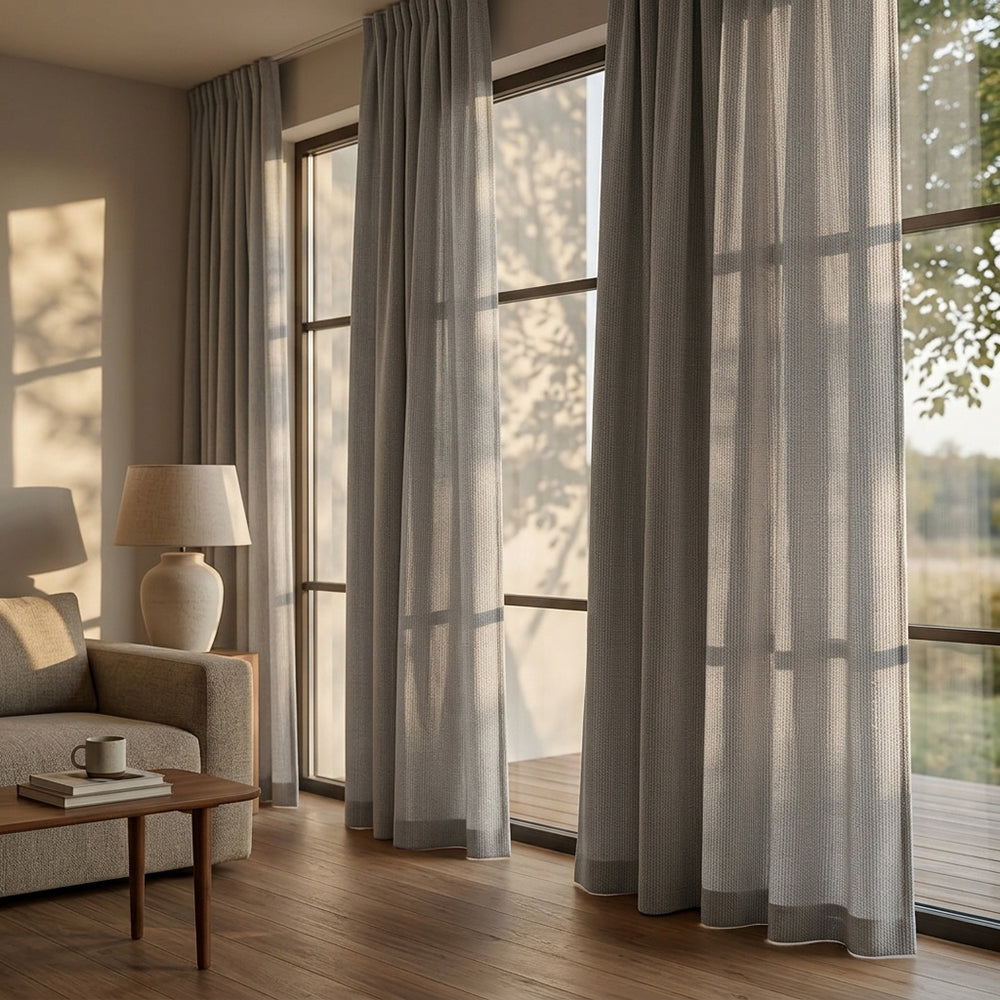 Hush polyester curtain fabric by BEACON, featuring a soft, textured design suitable for curtains and drapes.