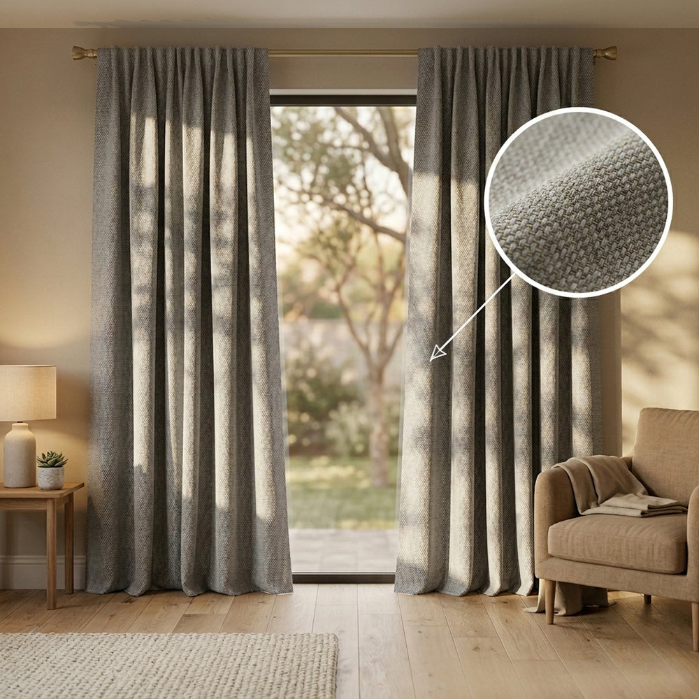 Close-up of BEACON Hush polyester curtain fabric with a soft, textured design for curtains and drapes.