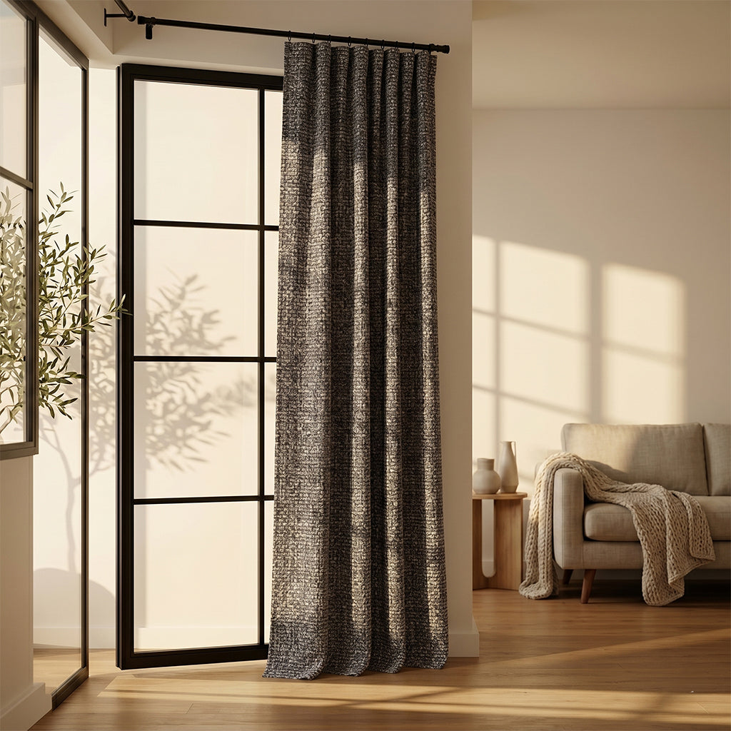 Beige polyester curtain fabric from BEACON's Hush collection with subtle texture, ideal for curtains and drapes.