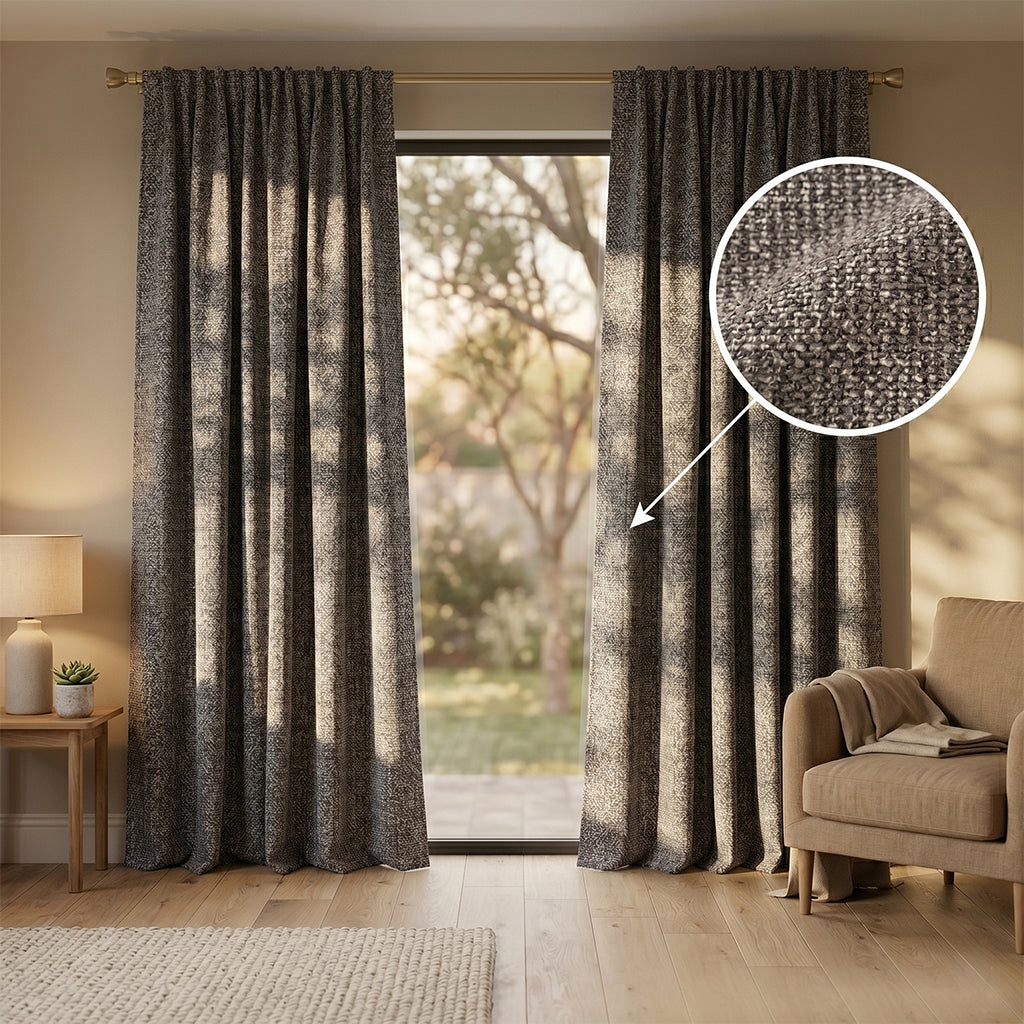 Hush polyester curtain fabric in CN36404-15 pattern, beige drape with soft texture, suitable for curtains and home decor.