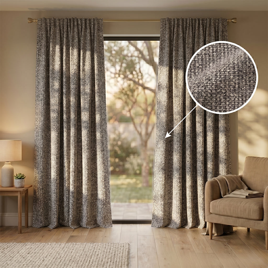Beige Hush polyester curtain fabric from BEACON, showing smooth, soft textile with subtle texture for curtains and drapes.