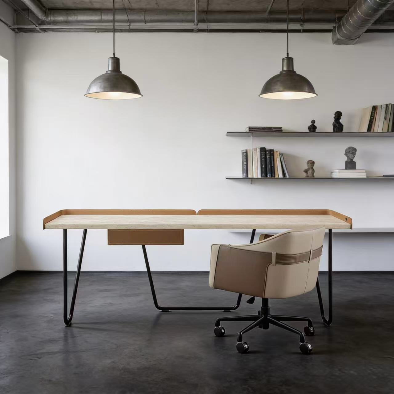 White travertine desk with a drawer, modern office desk by BEACON, 200cm long, sleek and stylish workspace furniture