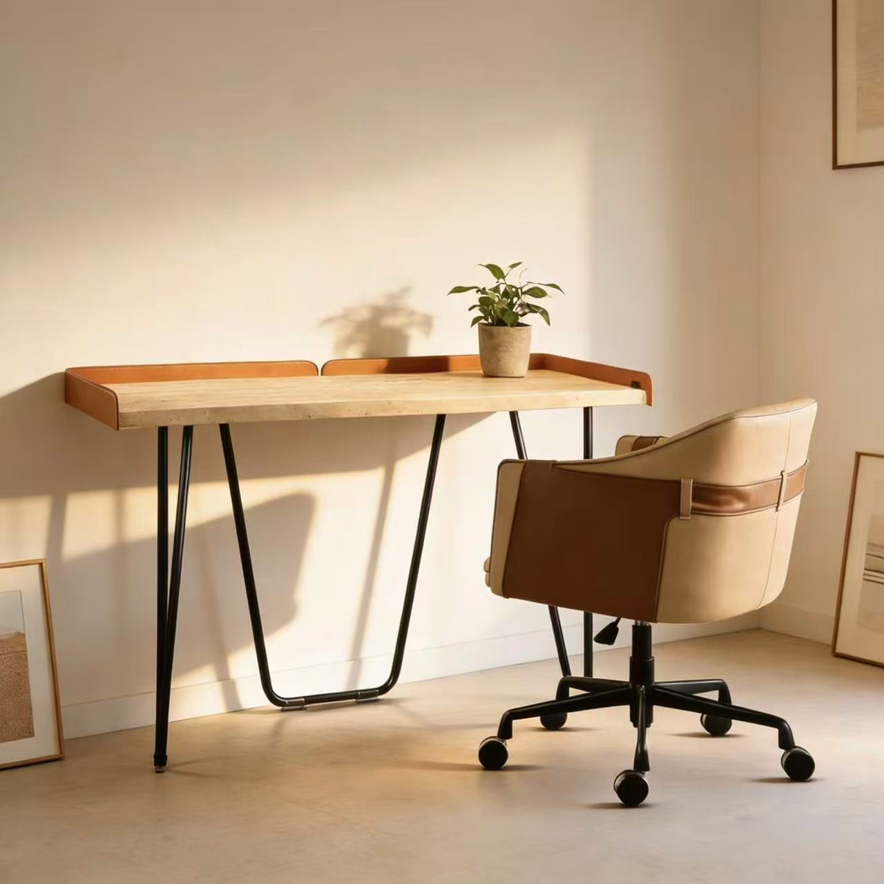White travertine office desk without drawer by BEACON, modern office furniture with smooth surface and sturdy construction.