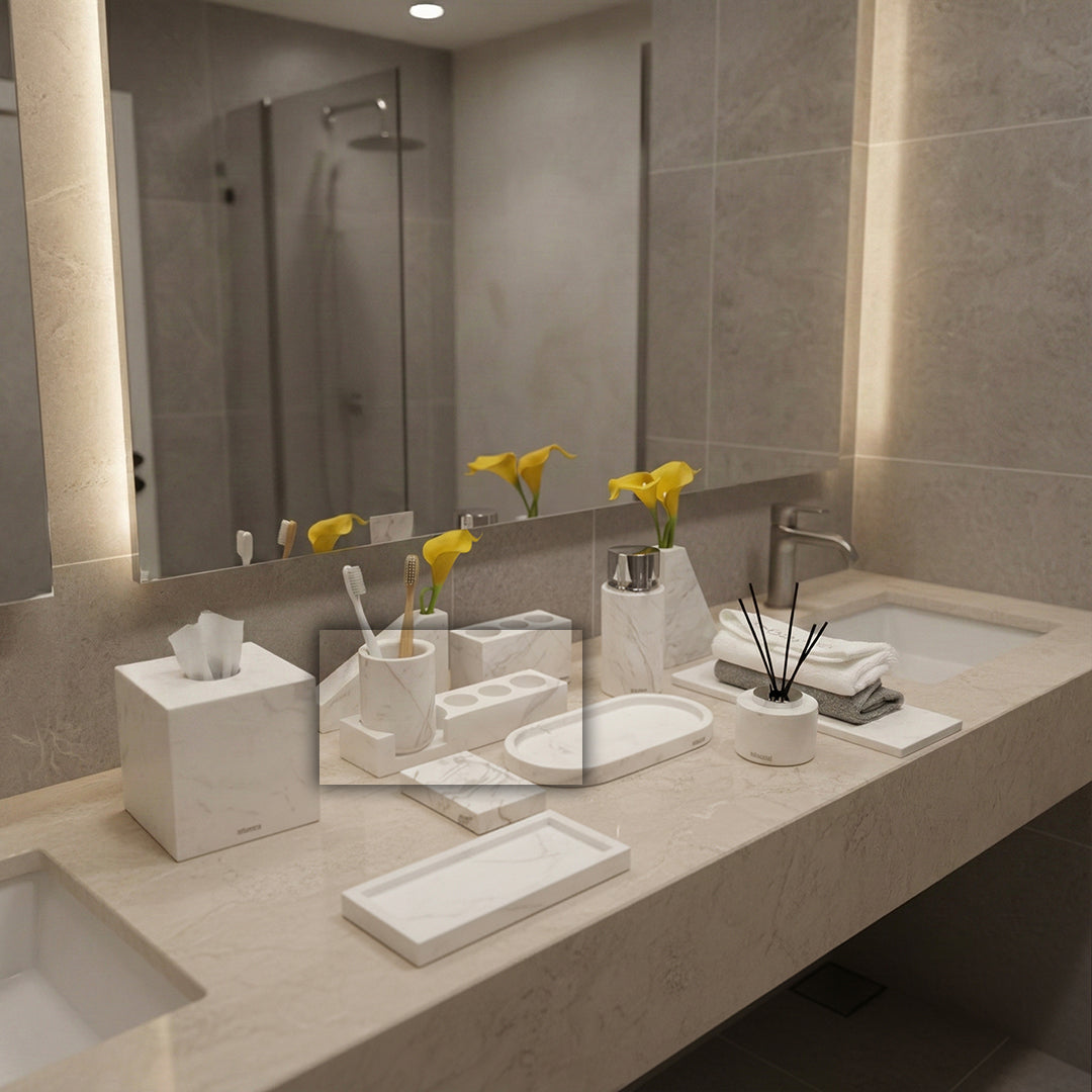 Jazz White Marble Toothbrush Holder Set (Cotton Swab Can Version - Silver Lid) TMC880-1+CBJ880-6 -  Bath Sets - ebarza Furniture UAE | Shop Modern Furniture in Abu Dhabi & Dubai - مفروشات ايبازرا في الامارات | تسوق اثاث عصري وديكورات مميزة في دبي وابوظبي