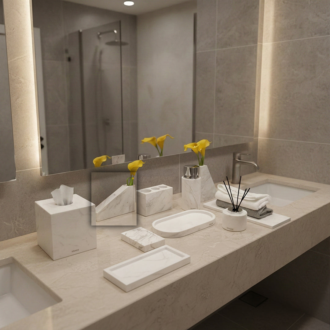 Jazz White Marble Trapezoidal Flower Arrangement (short version) VSC880 -  Vases - ebarza Furniture UAE | Shop Modern Furniture in Abu Dhabi & Dubai - مفروشات ايبازرا في الامارات | تسوق اثاث عصري وديكورات مميزة في دبي وابوظبي