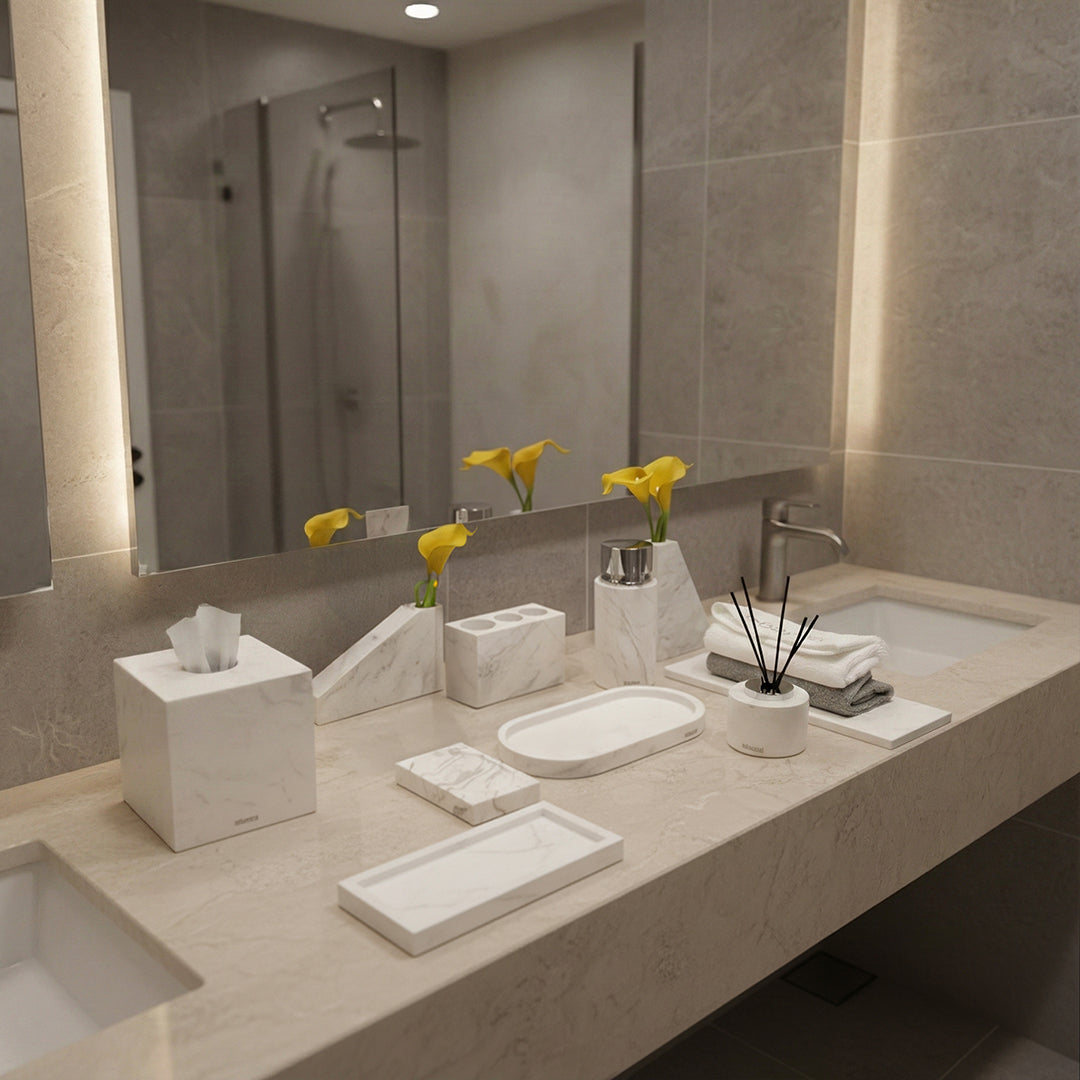 Jazz White Marble Trapezoidal Flower Arrangement (short version) VSC880 -  Vases - ebarza Furniture UAE | Shop Modern Furniture in Abu Dhabi & Dubai - مفروشات ايبازرا في الامارات | تسوق اثاث عصري وديكورات مميزة في دبي وابوظبي