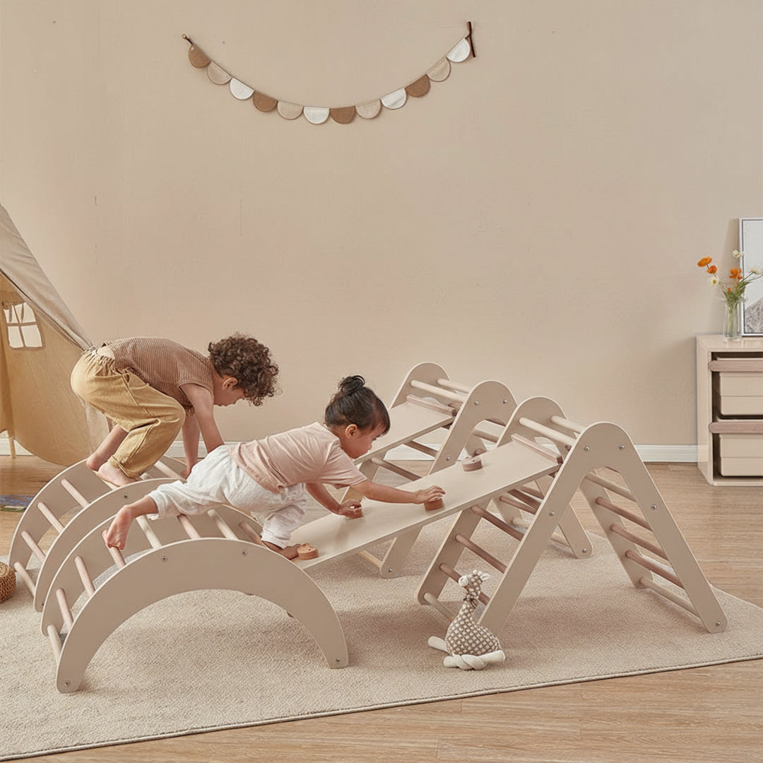 Kids BOORI climbing arc and triangle set, colorful wooden board and triangle for active play and indoor climbing activities.