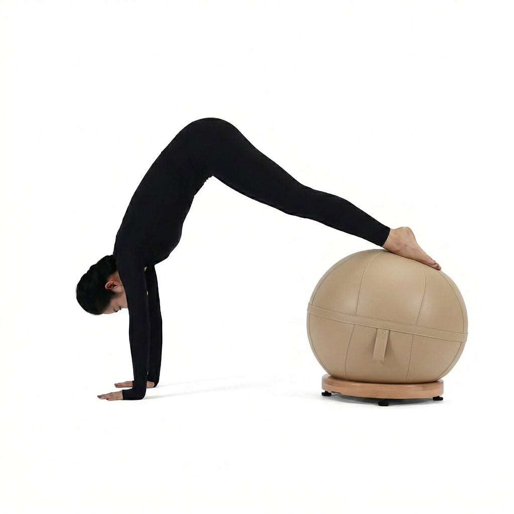 Kinetix leather yoga ball with beech wood base, gym equipment designed for balance and stability exercises.