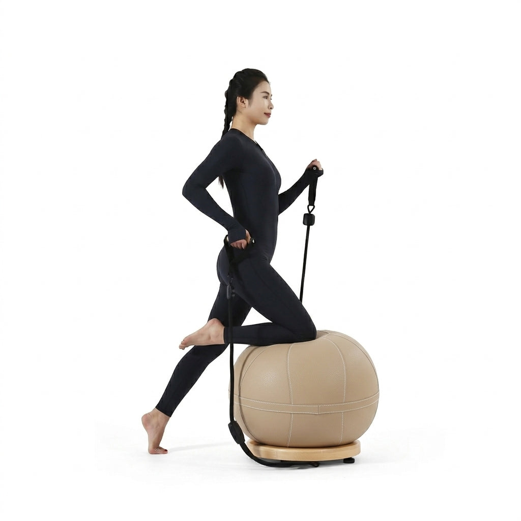 Kinetix leather yoga ball with beech wood base, designed for fitness and exercise routines, by BEACON ZDDG.