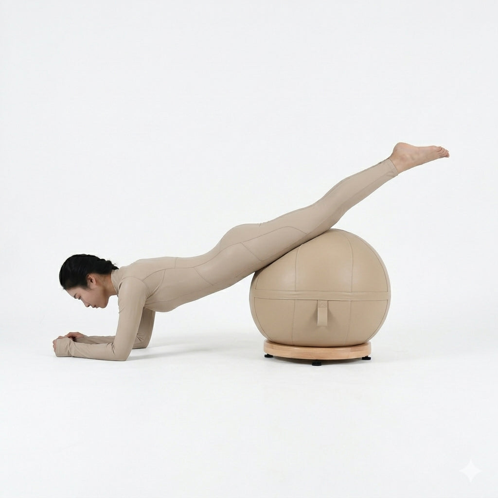 Kinetix yoga ball with beech wood base, made of durable leather for stability and comfort in gym workouts.