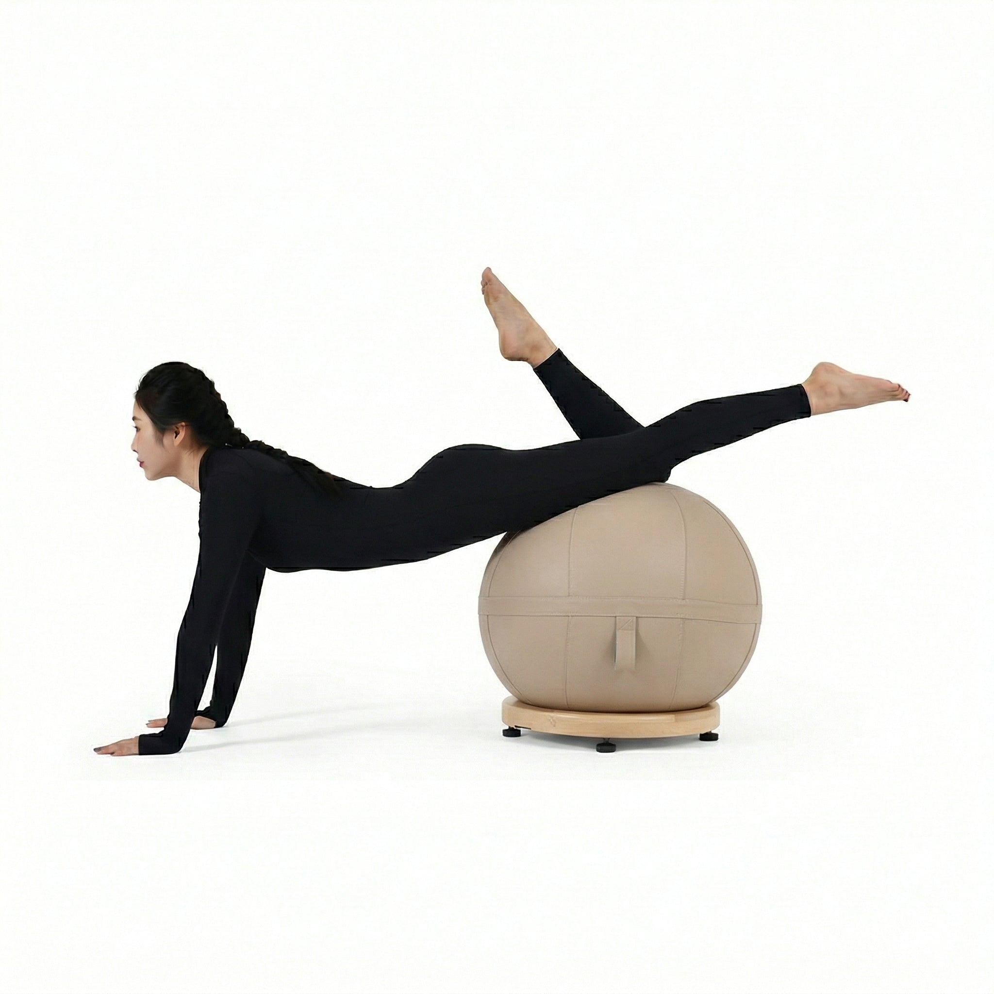 Kinetix yoga ball with beech wood base, gym equipment by BEACON, featuring a black exercise ball on a polished wooden stand