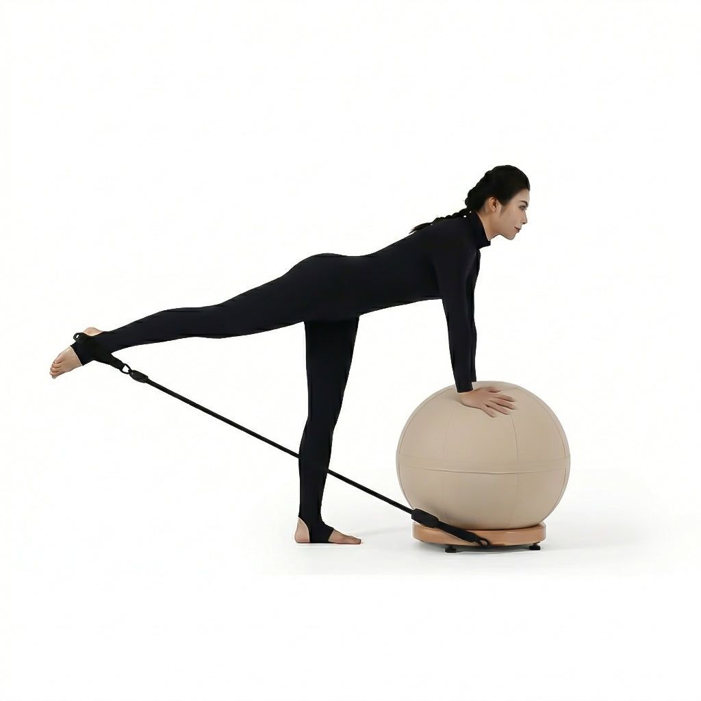 Kinetix leather yoga ball with beech wood base, gym equipment for balance and exercise from BEACON ZDDG.