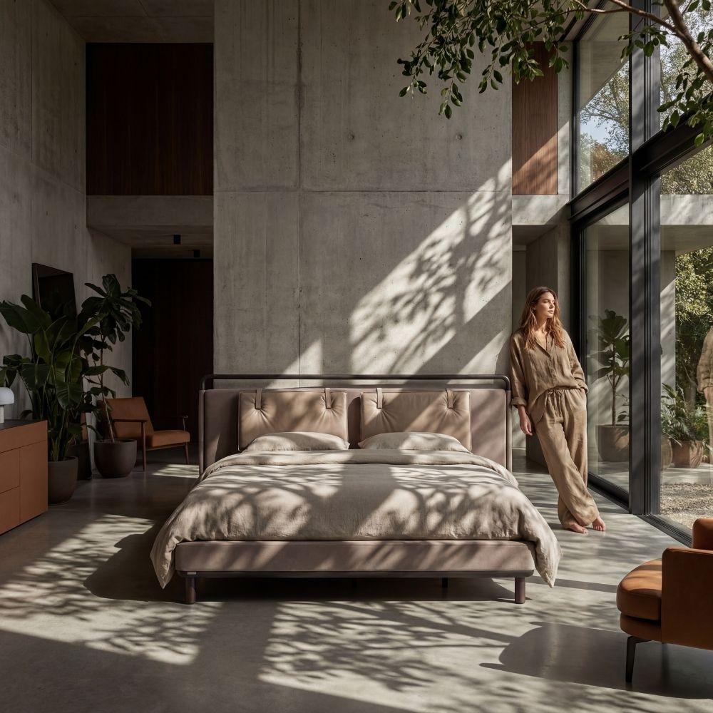 Ecole Living LİYA bedstead in dark wood finish, modern design with clean lines, shown in a well-lit bedroom setting.